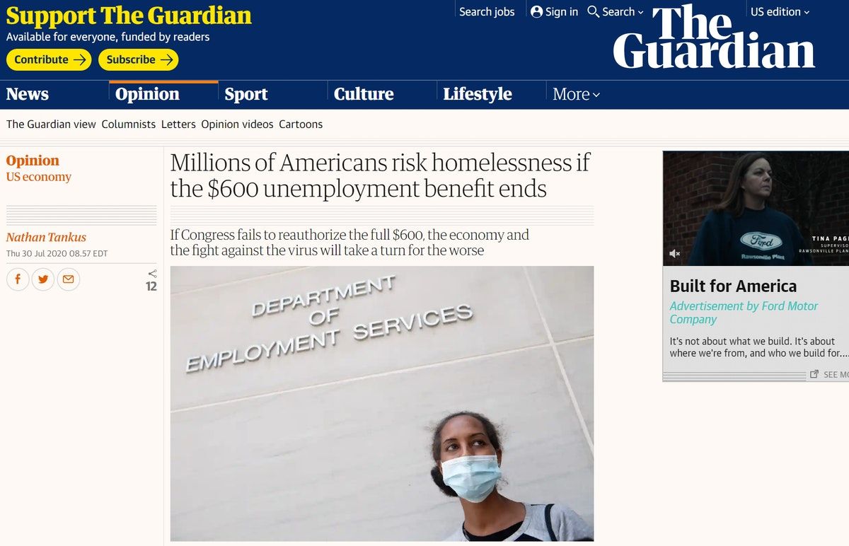 My First Guardian Op Ed:Millions of Americans risk homelessness if the $600 unemployment benefit ends